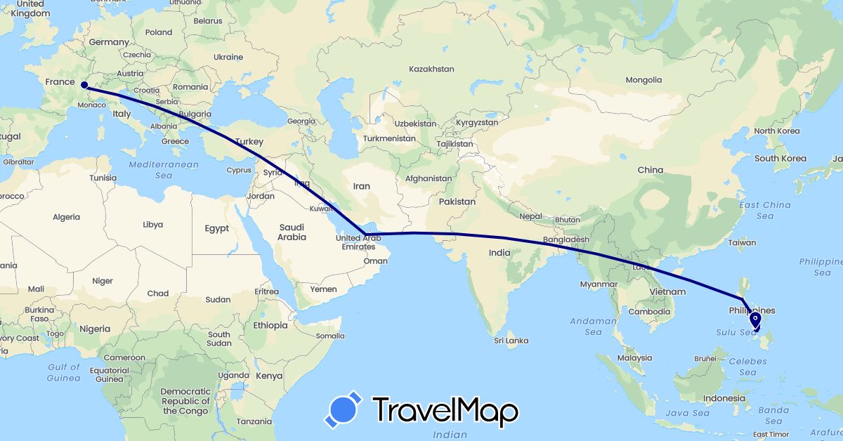 TravelMap itinerary: driving in United Arab Emirates, Switzerland, France, Philippines (Asia, Europe)